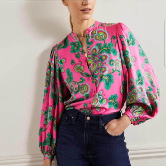 Boden Tops - Boden Anna Blouson Sleeve Pink Floral Boho Silk Blend Top Blouse Size 4